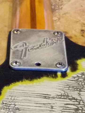 Fender Stratocaster Heavy Relic Black on Inca Finish Checking neck plate Guitarwacky.com