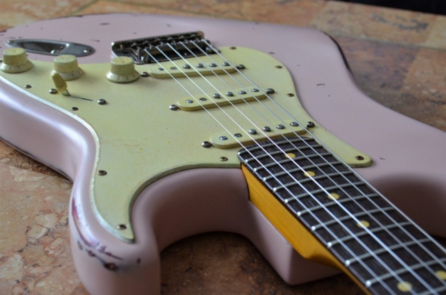 Fender Stratocaster Shell Pink Relic Neck Fret Guitarwacky.com