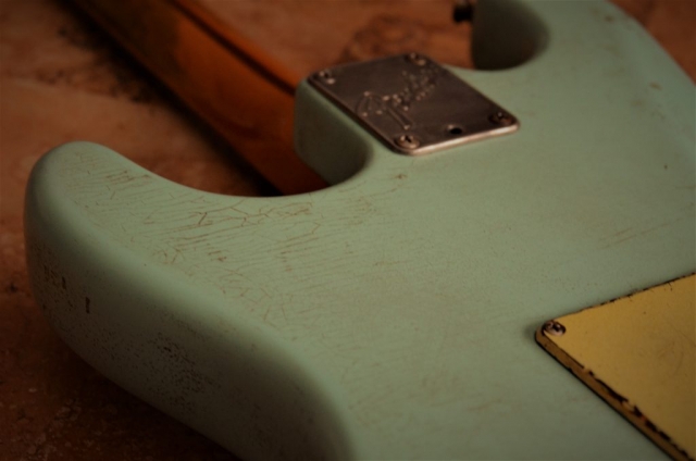 Fender Stratocaster Relic Back Finish Checking Surf Green Guitarwacky.com