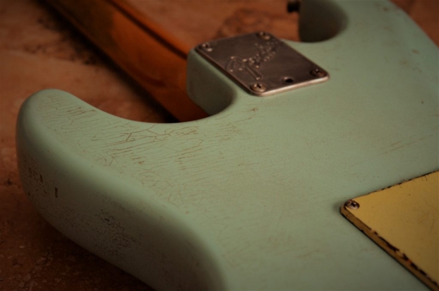 Fender Stratocaster Relic Neck Plate Finish Checking Surf Green Guitarwacky.com