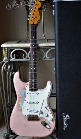 Fender Strat Relic Shell Pink on Daphne Blue Guitarwacky.com